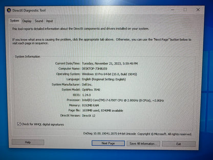 Dell OptiPlex 7040 Micro 2.8GHz i7-6700T 8GB RAM 256GB SSD Win10 pro - Very Good