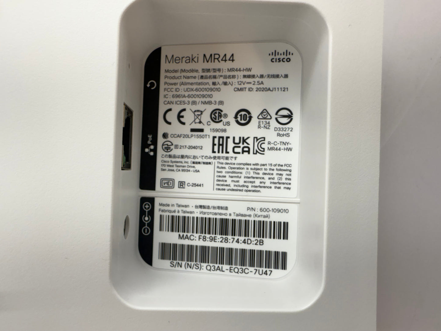 Cisco Meraki MR44-HW Wirless Access Point Wi-Fi 6 - Open box