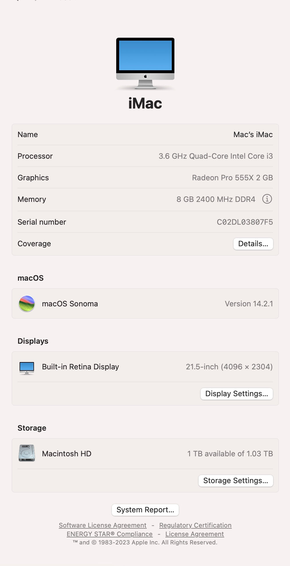 Apple 2019 iMac 21 in 4K 3.6GHz i3 8GB RAM 1TB Fusion Drive RP555X 2GB - Good