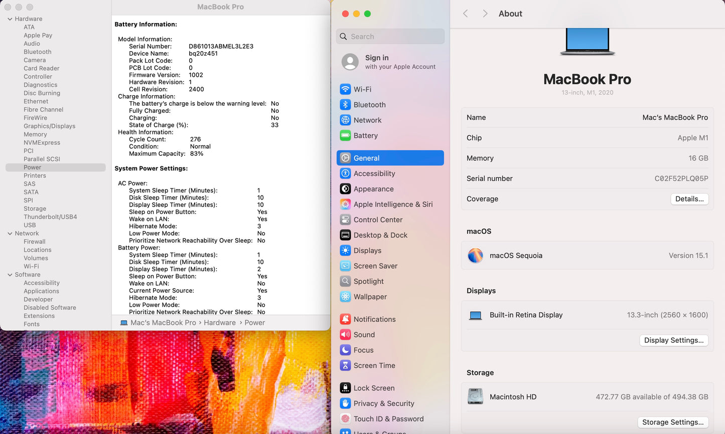 Apple 2020 MacBook pro 13" M1 (8-Core GPU) 16GB RAM 512GB SSD - Good
