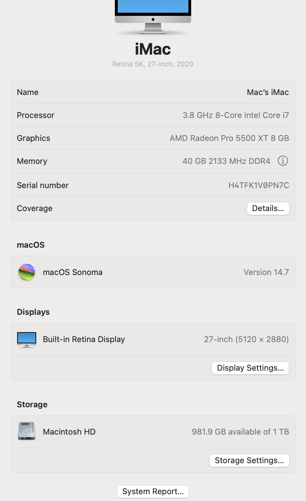 Apple 2020 iMac 27" 5K Retina 3.8GHz i7 40GB RAM 1TB SSD RP5500XT 8GB Very good