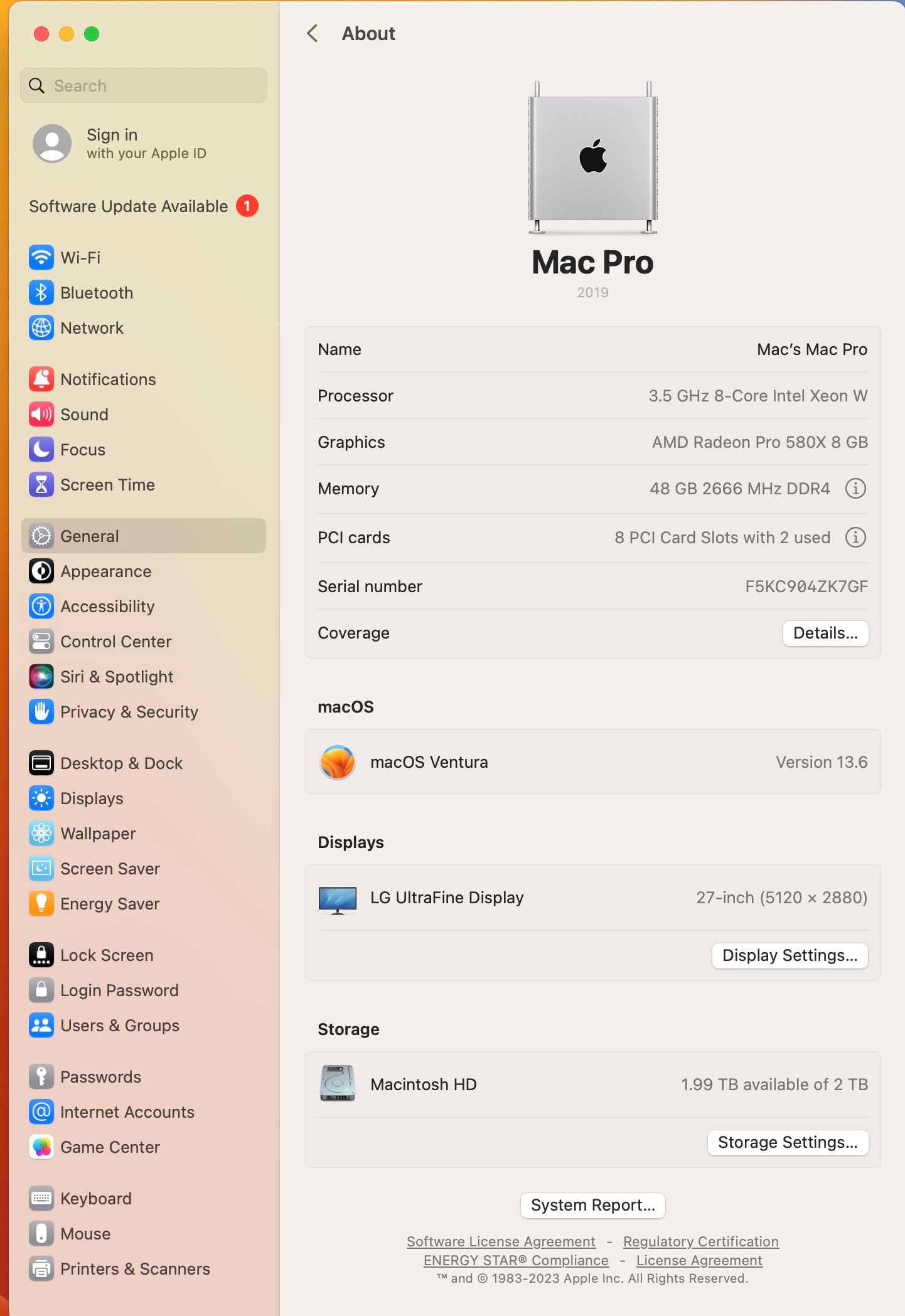 Apple 2019 Mac Pro 3.5GHz 8-Core Xeon W 48GB RAM 2TB SSD RP580X 8GB - Very Good