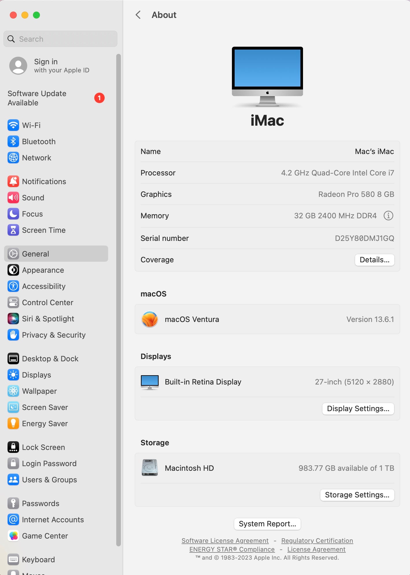 Apple 2017 iMac 27 in 5K 4.2GHz i7 32GB RAM 1TB SSD RP580 8GB - Very Good