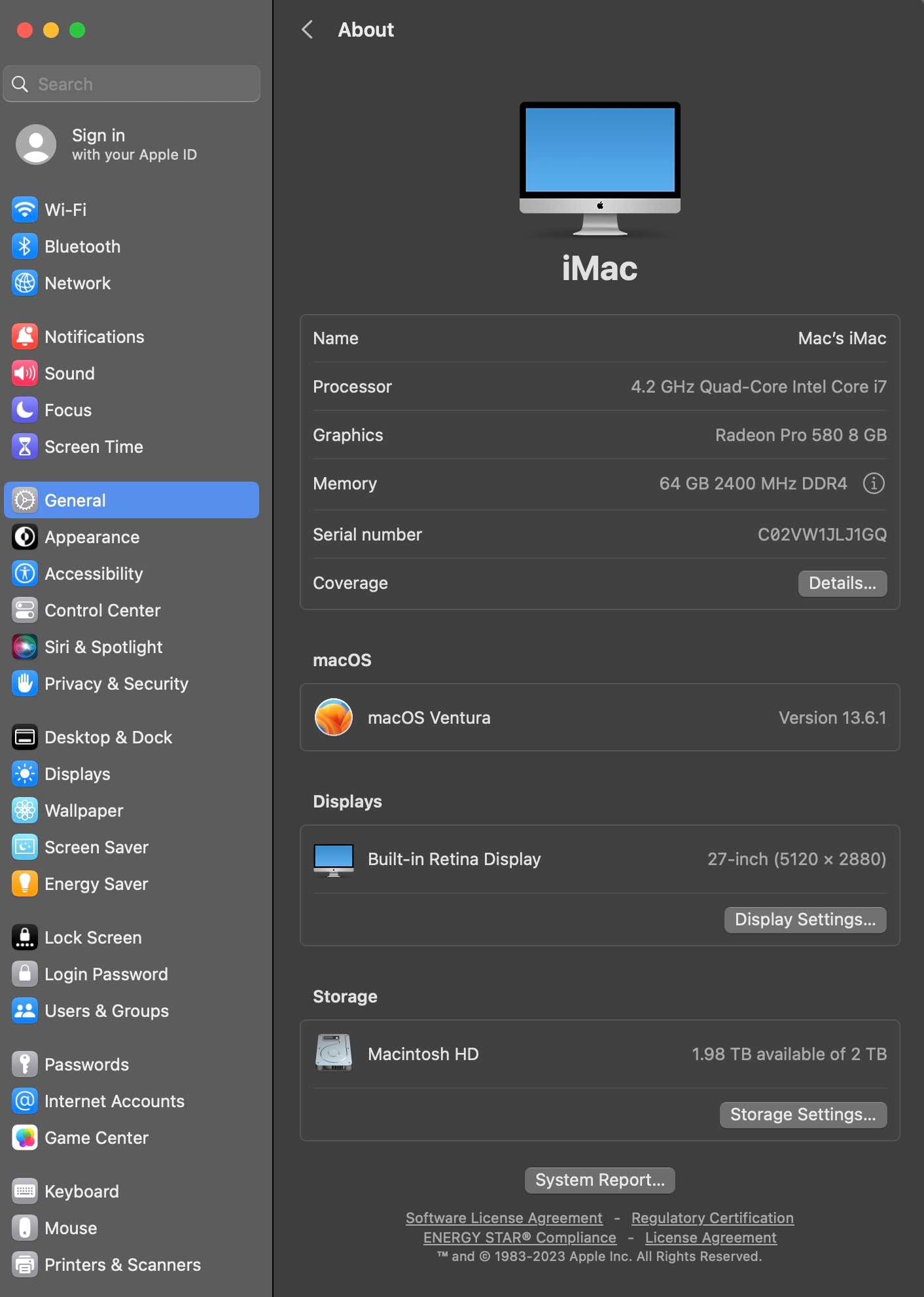 Apple 2017 iMac 27 in 5K 4.2GHz i7 64GB RAM 2TB SSD RP580 8GB - Very Good
