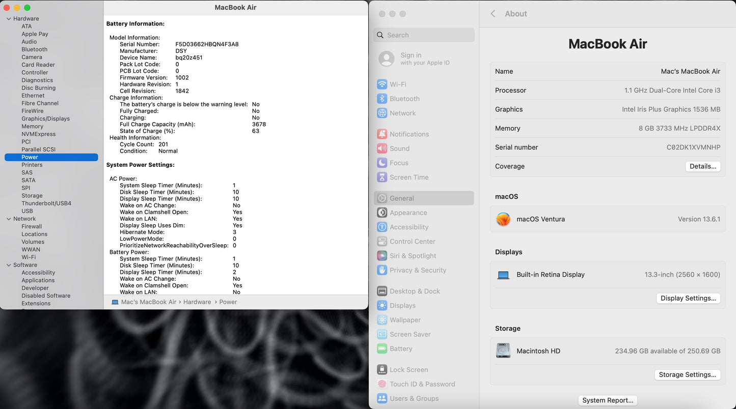 Apple 2020 MacBook Air 13 in 1.1GHz i3 8GB RAM 256GB SSD IIPG1536 - Very good