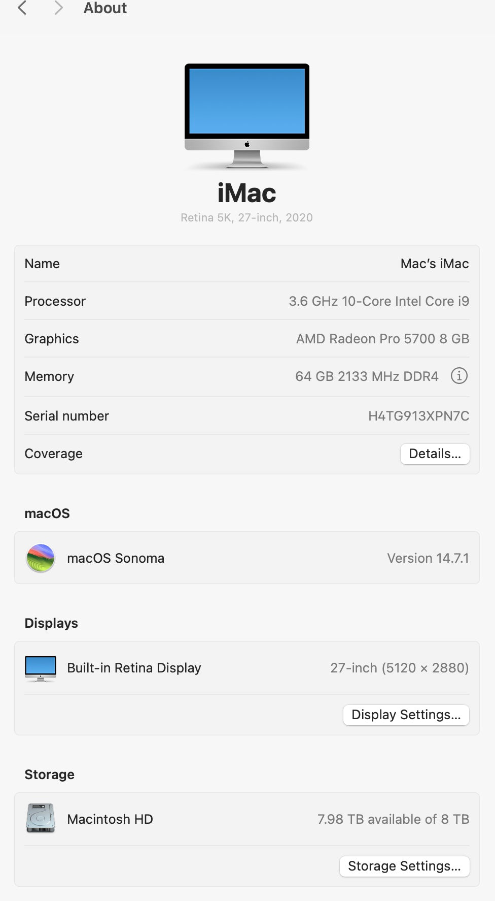 Apple 2020 iMac 27" 5K Nano Glass 3.6GHz i9 128GB RAM 8TB SSD RP5700XT 16GB