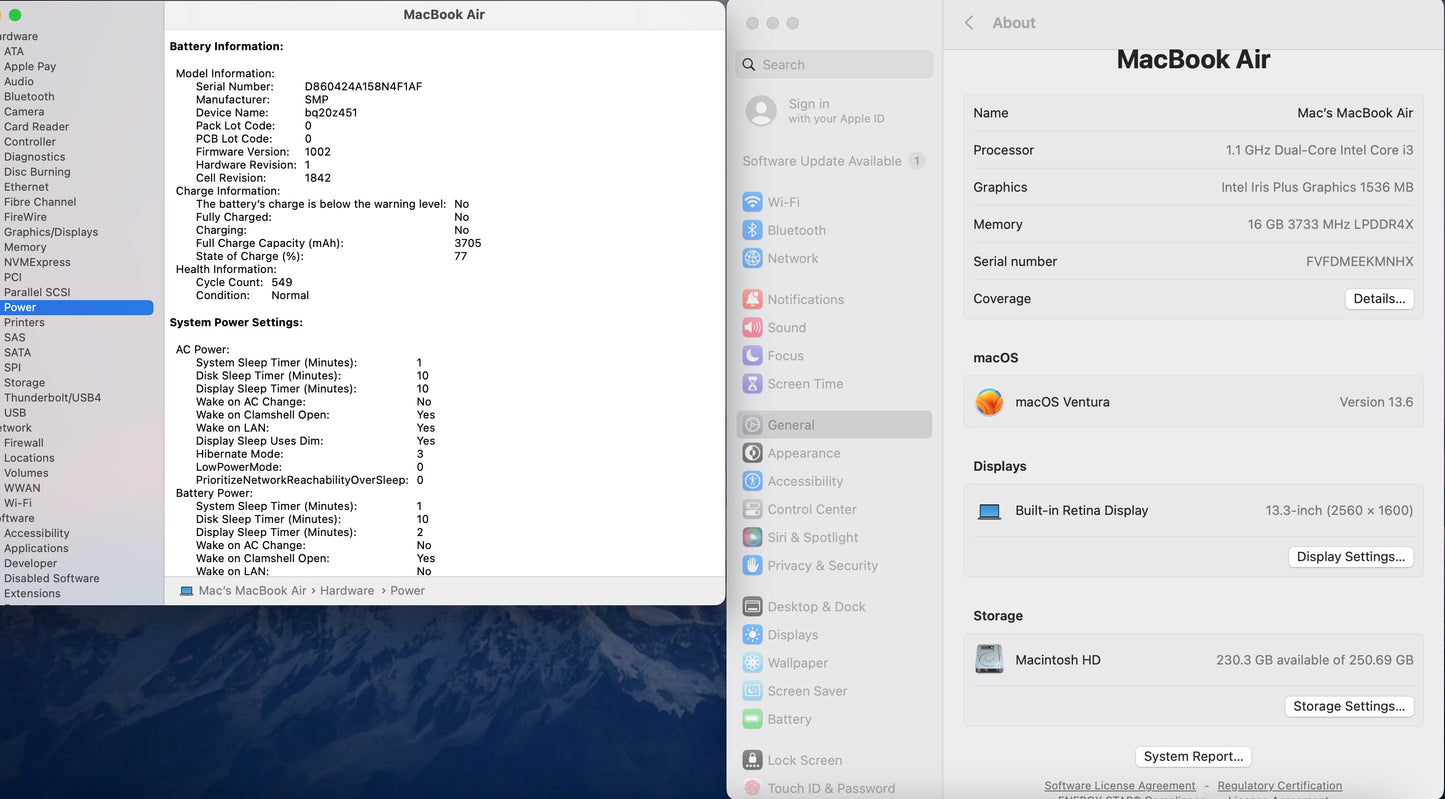 Apple 2020 MacBook Air 1.1GHz Quad-Core i3 16GB RAM 256GB SSD IIPG1536 - Good