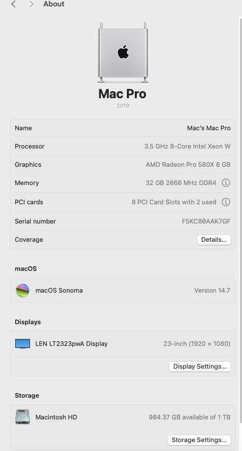 Apple 2019 Mac Pro 3.5GHz 8-Core Xeon 32GB RAM 1TB SSD RP580X 8GB Very good