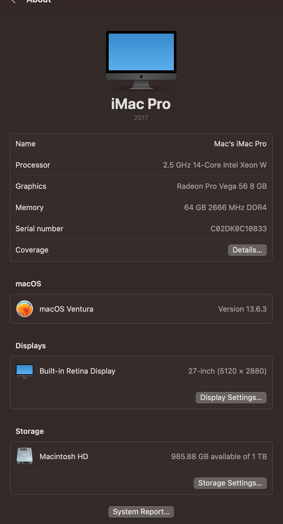 Apple 2017 iMac Pro 2.5GHz 14-Core Xeon W 64GB RAM 1TB SSD Vega 56 8GB - READ