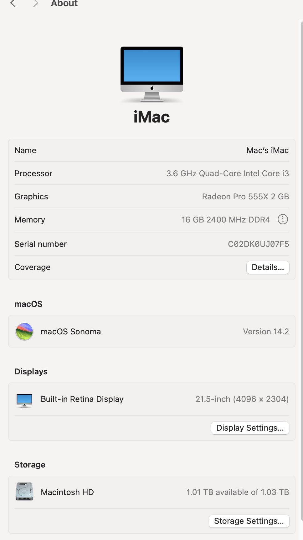 Apple 2019 iMac 21 in 4K 3.6GHz i3 16GB RAM 1TB Fusion RP555X 2GB - Very Good