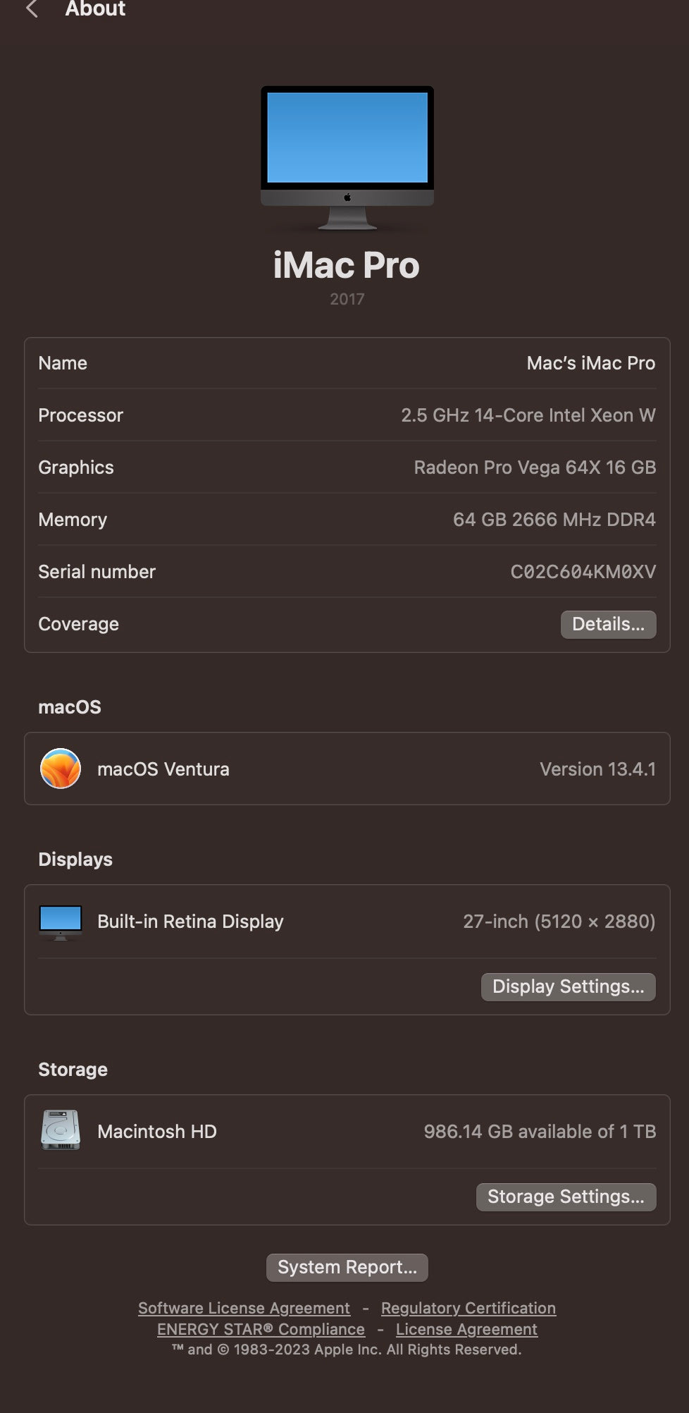 Apple 2017 iMac Pro 2.5GHz 14-Core Xeon 64GB RAM 1TB SSD Vega 64X 16GB - READ