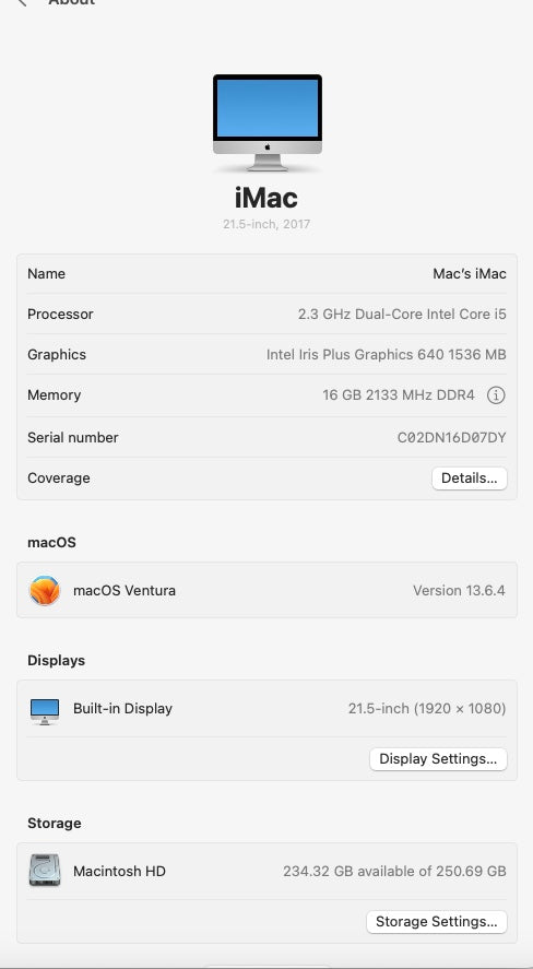 Apple 2017 iMac 21" 2.3GHz i5 16GB RAM 256GB SSD IIPG640 - Excellent