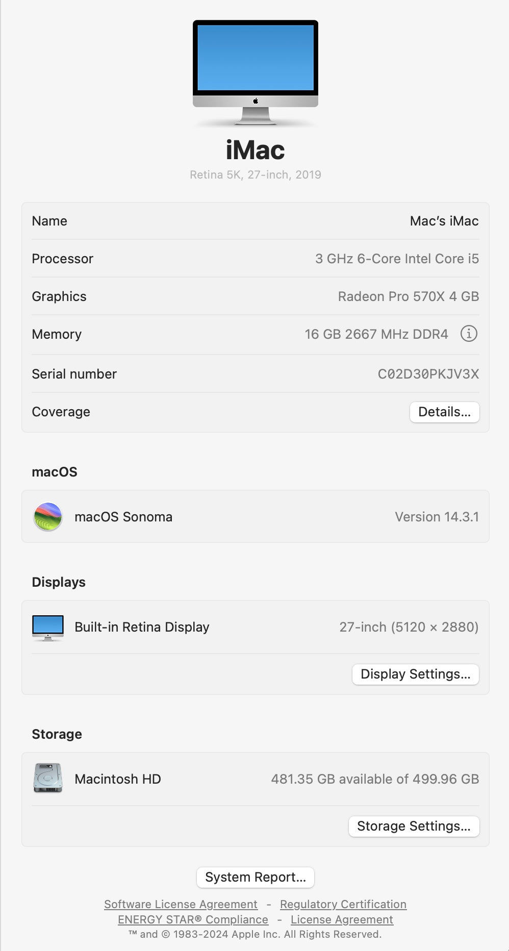 Apple 2019 iMac 27" 5K Retina 3.0GHz i5 16GB RAM 512GB SSD RP570X 4GB Excellent