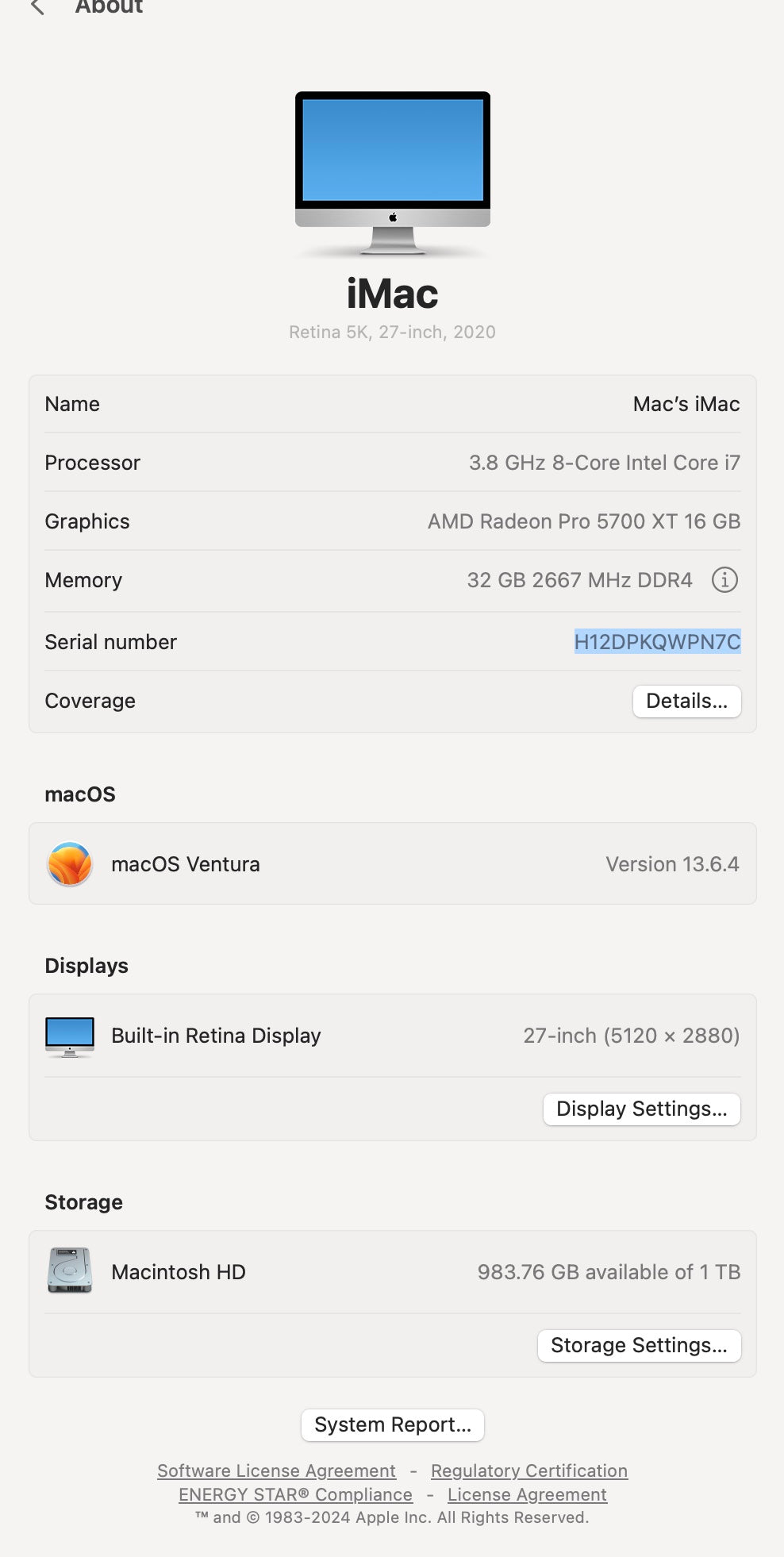 Apple 2020 iMac 27" 5K Retina 3.8GHz i7 32GB RAM 1TB SSD RP5700XT 16GB Excellent