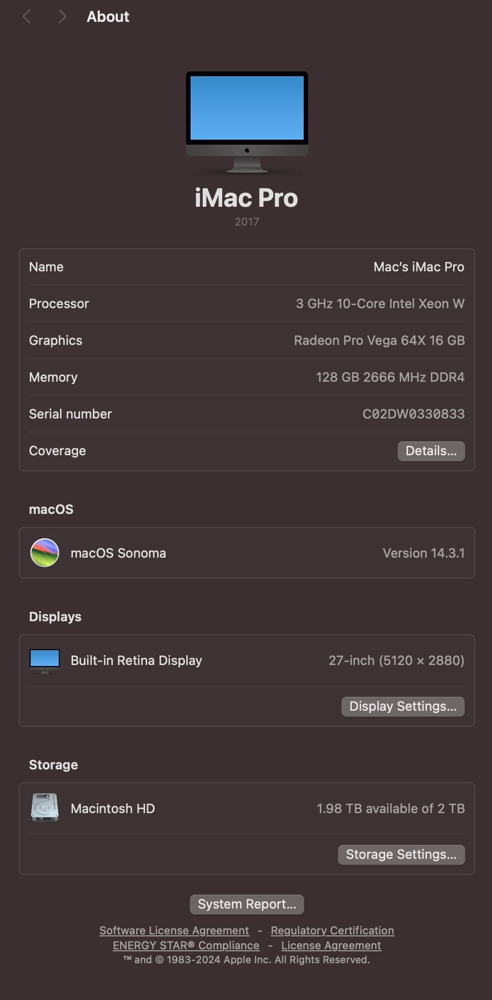 Apple 2017 iMac Pro 27" 5K 3.0GHz 10-Core Xeon W 128GB RAM 2TB SSD Vega64X 16GB