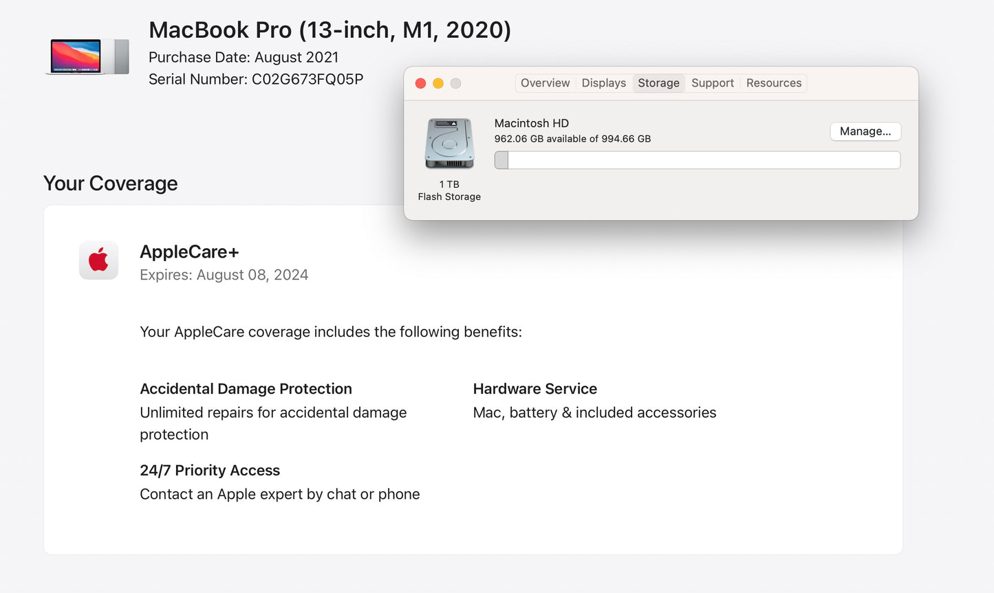 Apple 2020 MacBook Pro 13" M1 3.2GHz (8-Core GPU) 16GB RAM 1TB SSD AC+ - Good