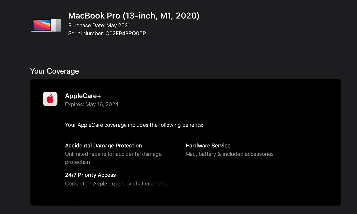 Apple 2020 MacBook pro 13" M1 (8-Core GPU) 16GB RAM 1TB SSD AC+ - Very good