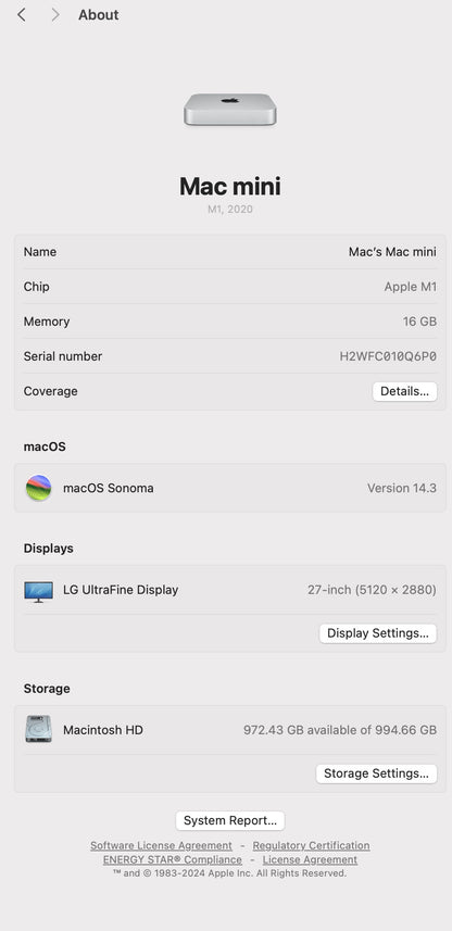 Apple 2020 Mac Mini M1 3.2GHz (8-Core GPU) 16GB RAM 1TB SSD - Very good