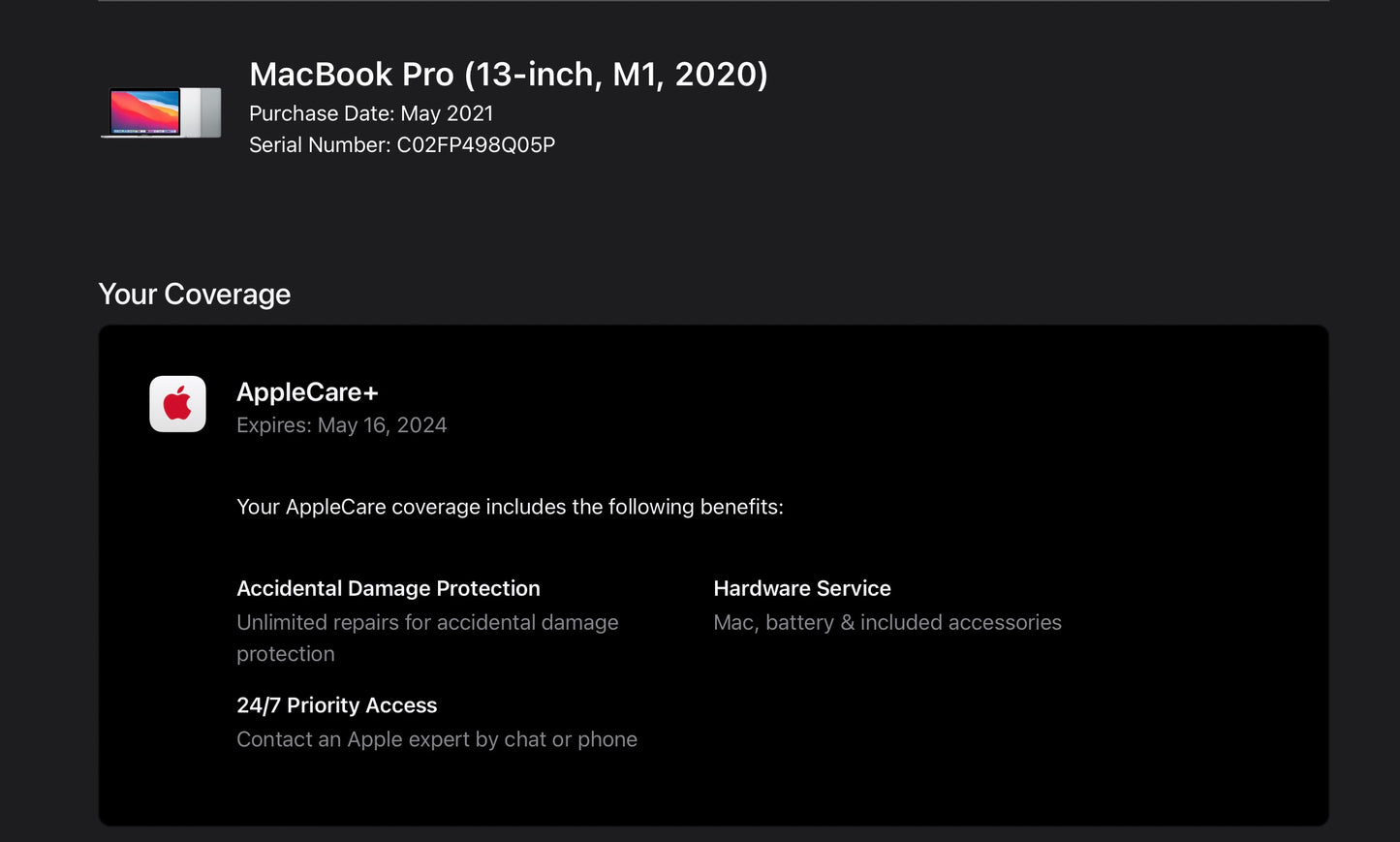 Apple 2020 MacBook pro 13" M1 3.2GHz (8-Core GPU) 16GB RAM 1TB SSD AC+ Excellent