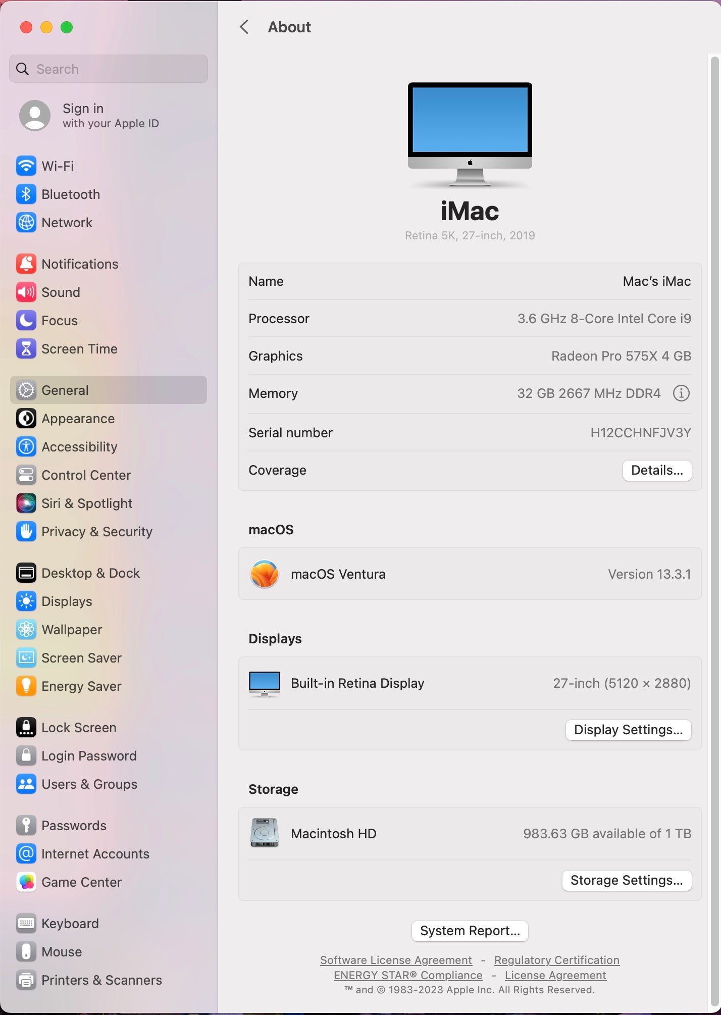Apple 2019 iMac 27 in 5K Retina 3.6GHz 8-Core i9 32GB RAM 1TB SSD RP575X 4GB