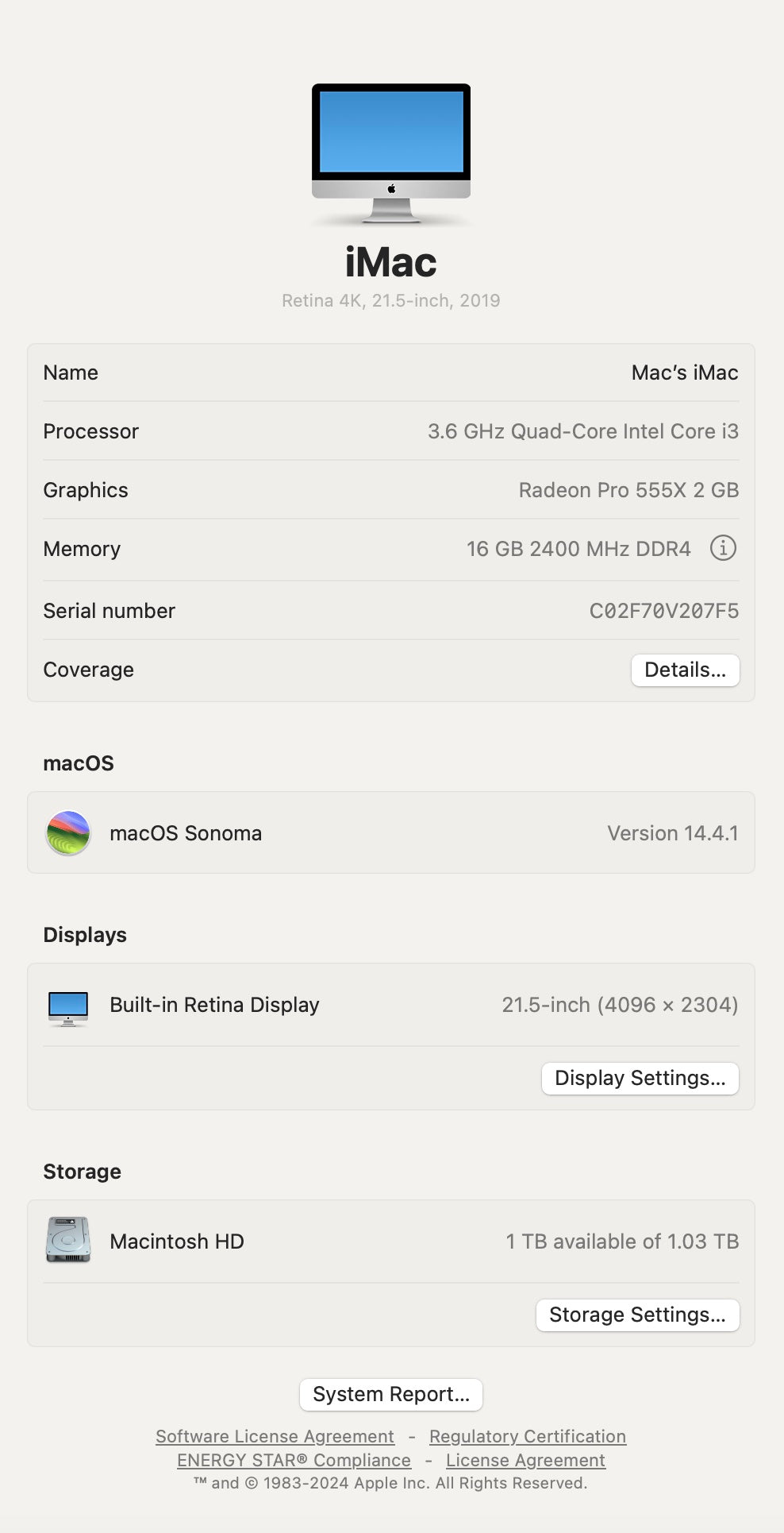 Apple 2019 iMac 21" 4k 3.6GHz i3 16GB RAM 1TB Fusion RP555X 2GB - Excellent