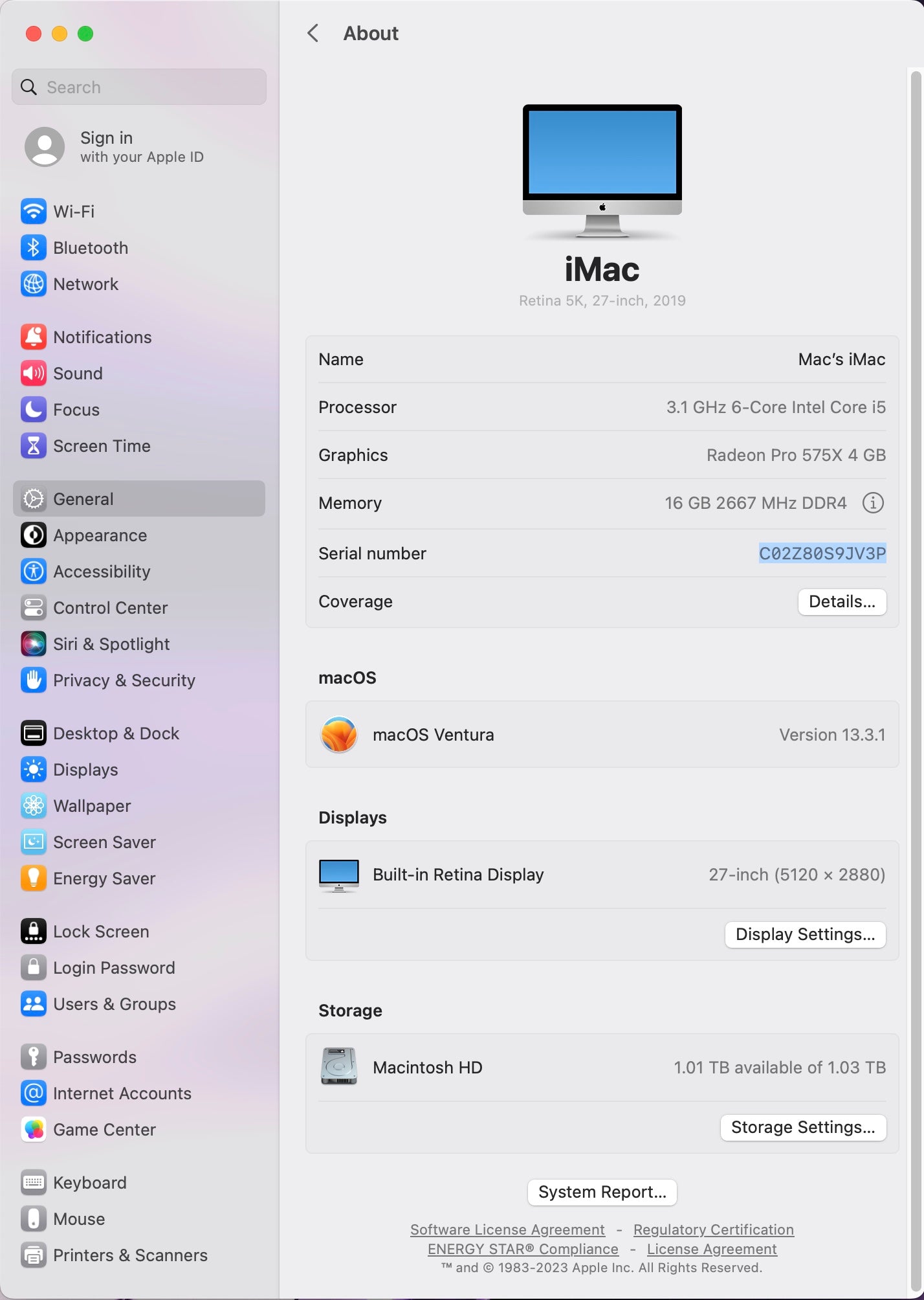 Apple 2019 iMac 27 in 5K 3.1GHz i5 16GB RAM 1TB Fusion RP575X 4GB - Excellent