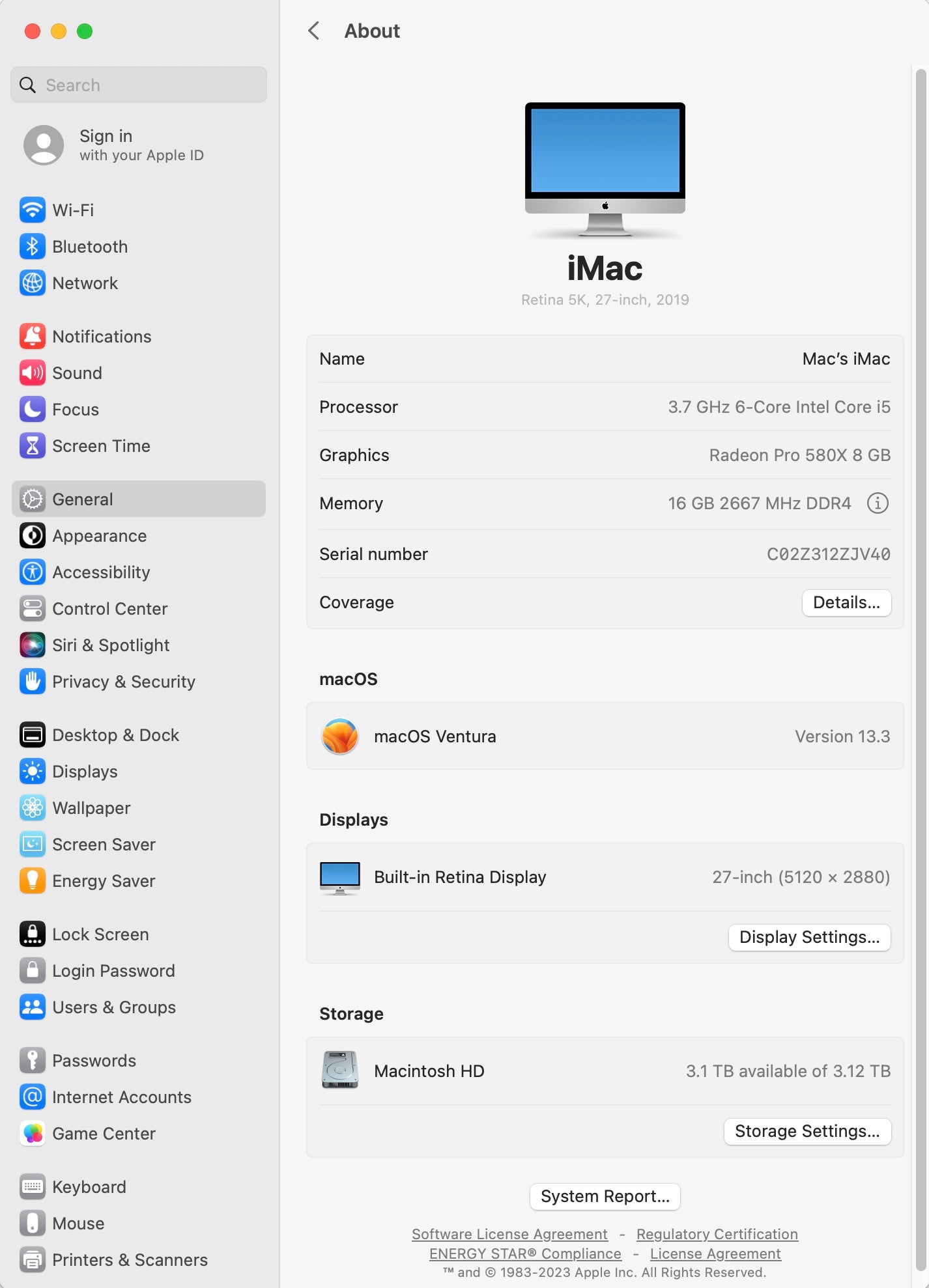 Apple 2019 iMac 27 in 5K 3.7GHz i5 16GB RAM 3TB Fusion RP580X 8GB - Very Good