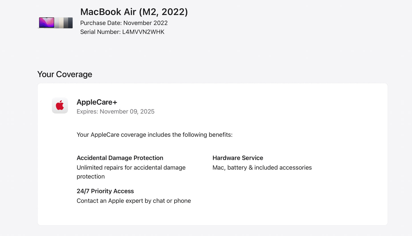 Apple 2022 MacBook Air M2 13.6" (8-Core GPU) 8GB RAM 256GB SSD AC+ - Excellent