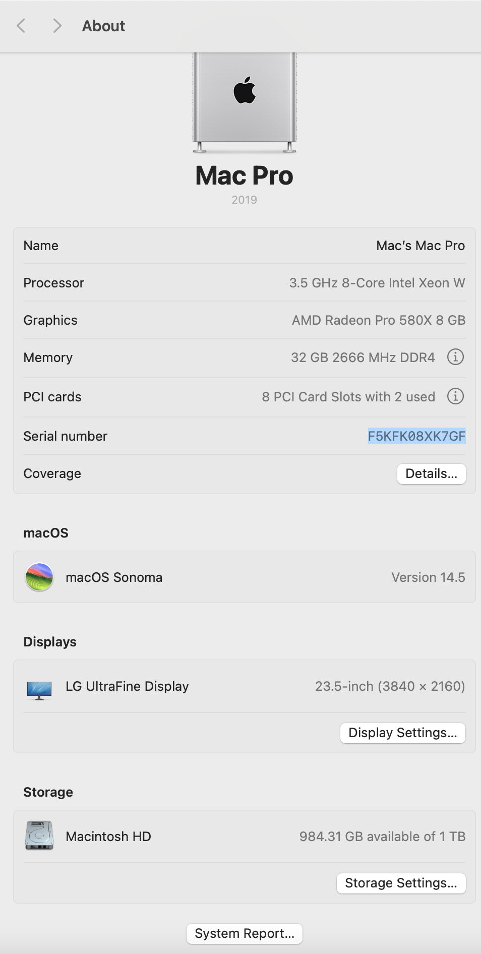 Apple 2019 Mac Pro 3.5GHz 8-Core Xeon 32GB RAM 1TB SSD RP580X 8GB - Excellent