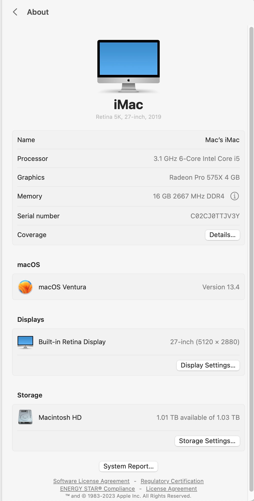 Apple 2019 iMac 27 in 5K 3.1GHz i5 16GB RAM 1TB Fusion RP575X 4GB - Excellent