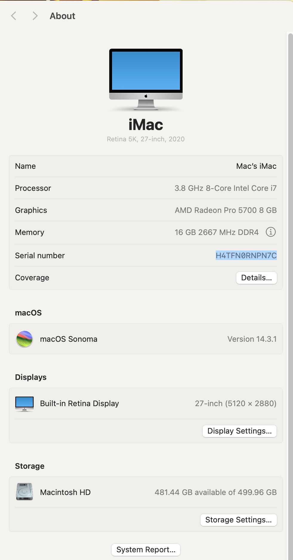 Apple 2020 iMac 27" 5K Retina 3.8GHz i7 16GB RAM 512G SSD RP5700 8GB Excellent