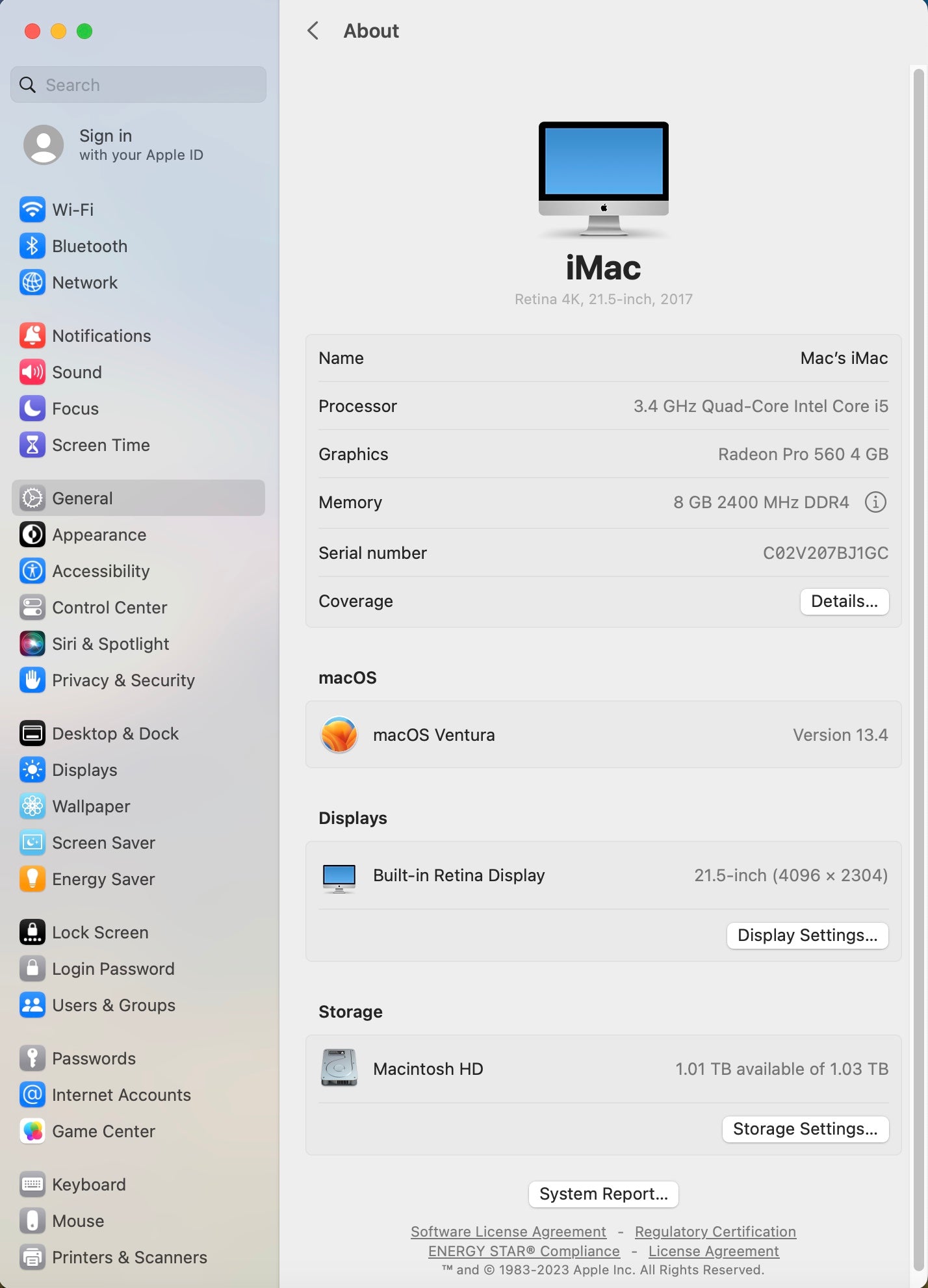 Apple 2017 iMac 21 in 4K 3.4GHz i5 8GB RAM 1TB Fusion RP560 4GB - Very Good