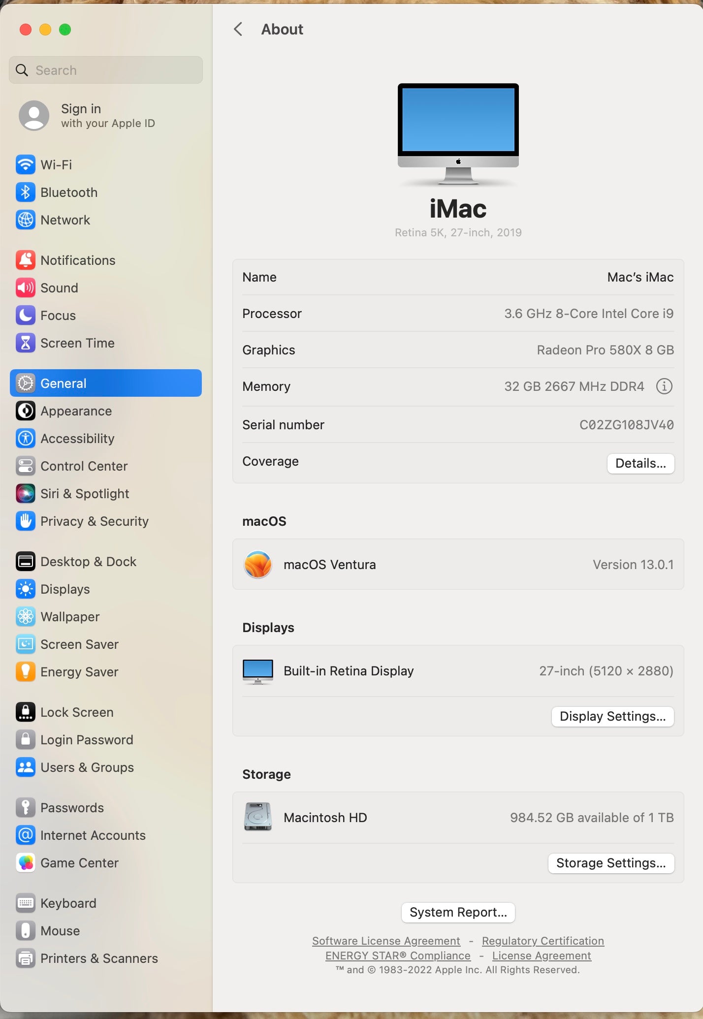 Apple 2019 iMac 27 in 5K Retina 3.6GHz 8-Core i9 32GB RAM 1TB SSD RP580X 8GB