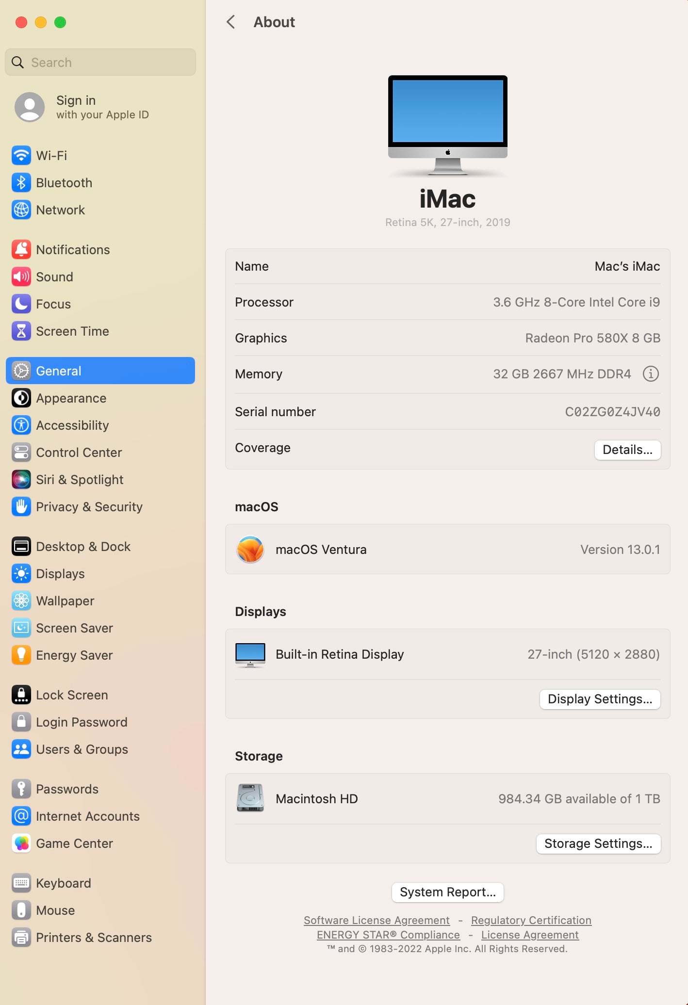 Apple 2019 iMac 27 in 5K Retina 3.6GHz 8-Core i9 32GB RAM 1TB SSD RP580X 8GB