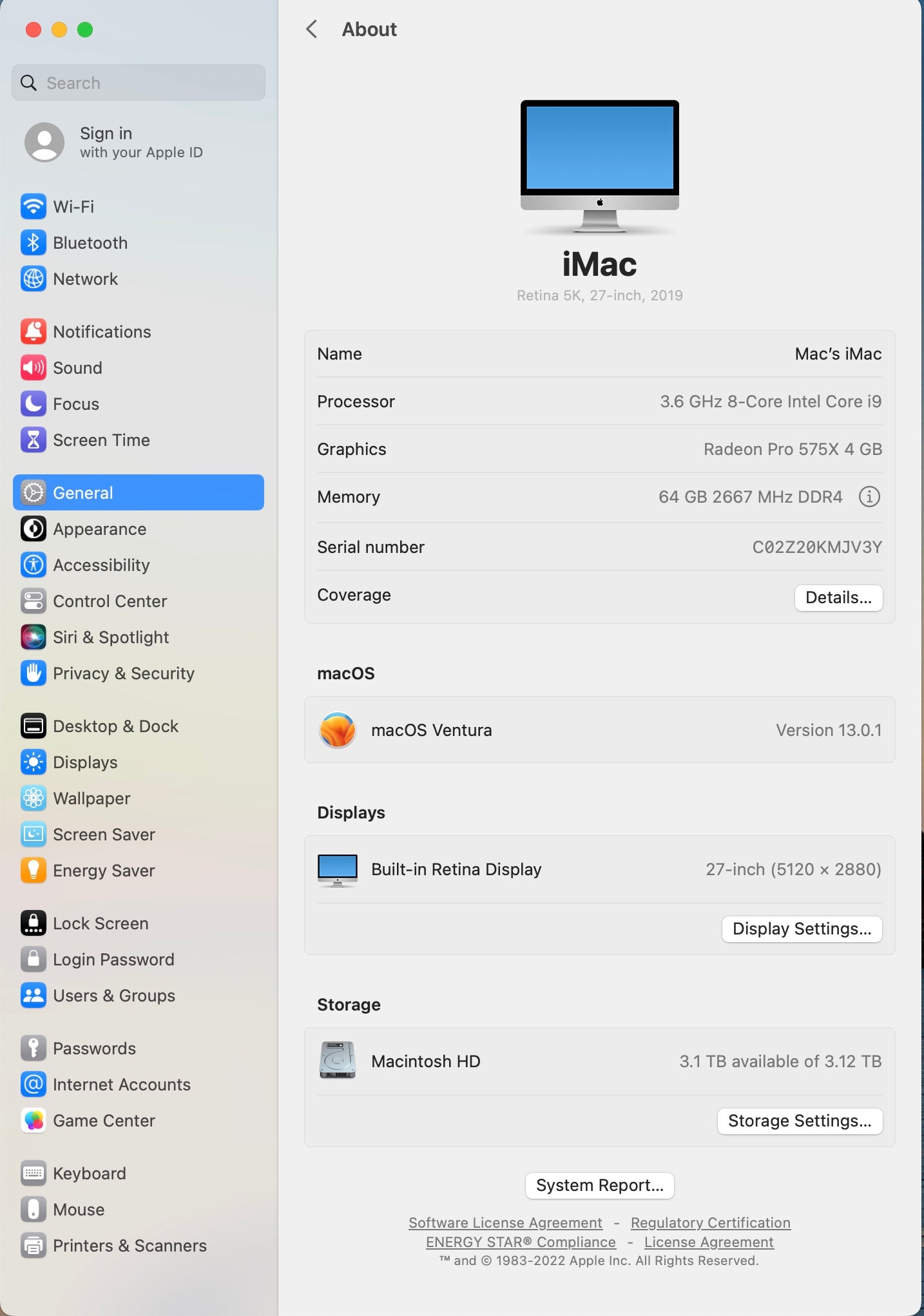 Apple 2019 iMac 27 in 5K Retina 3.6GHz 8-Core i9 64GB RAM 3TB Fusion RP575X 4GB