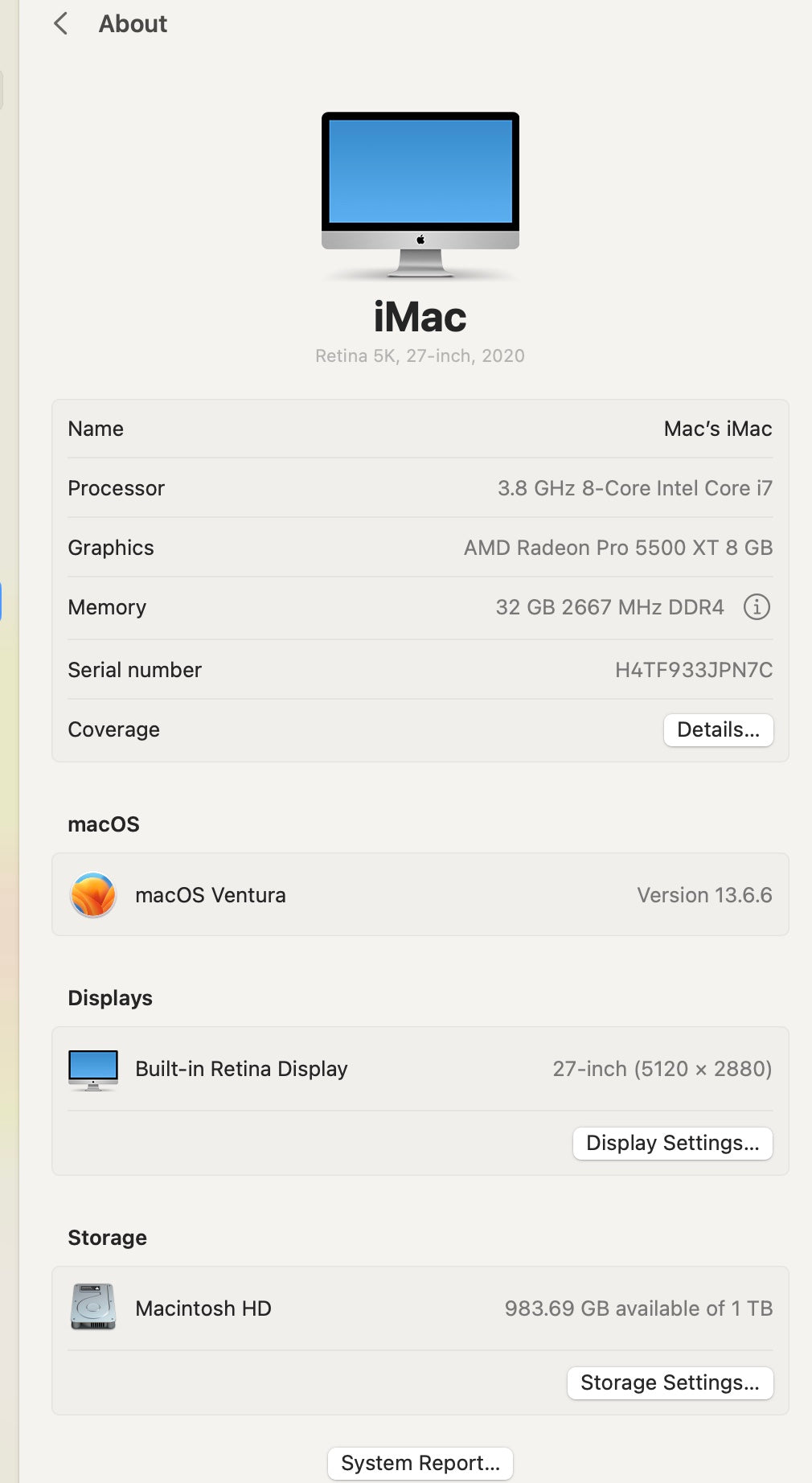 Apple 2020 iMac 27" 5K Retina 3.8GHz i7 32GB RAM 1TB SSD RP5500XT 8GB Excellent