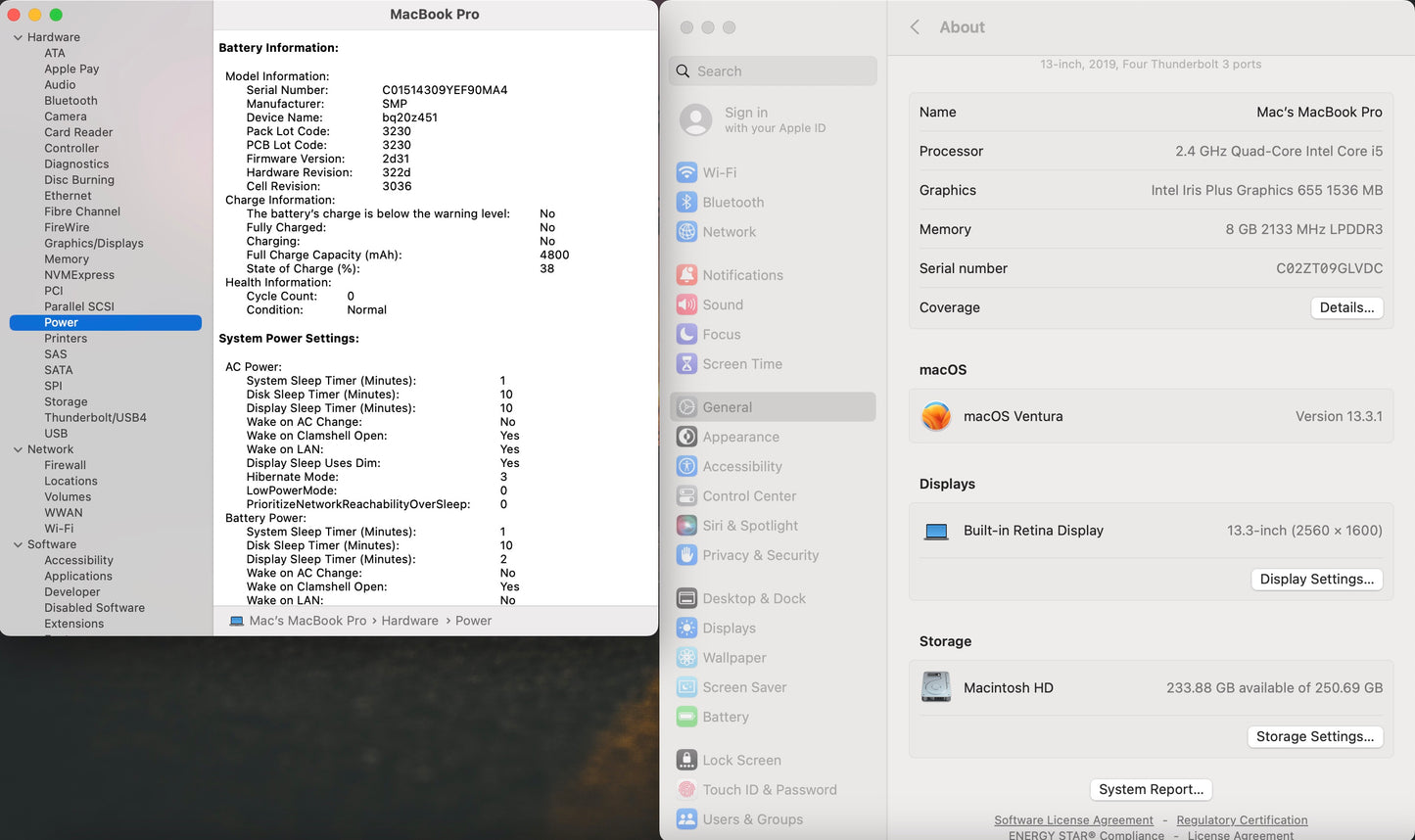 Apple 2019 MacBook Pro 13 in TB 2.4GHz i5 8GB RAM 256GB SSD IIPG655 - Good