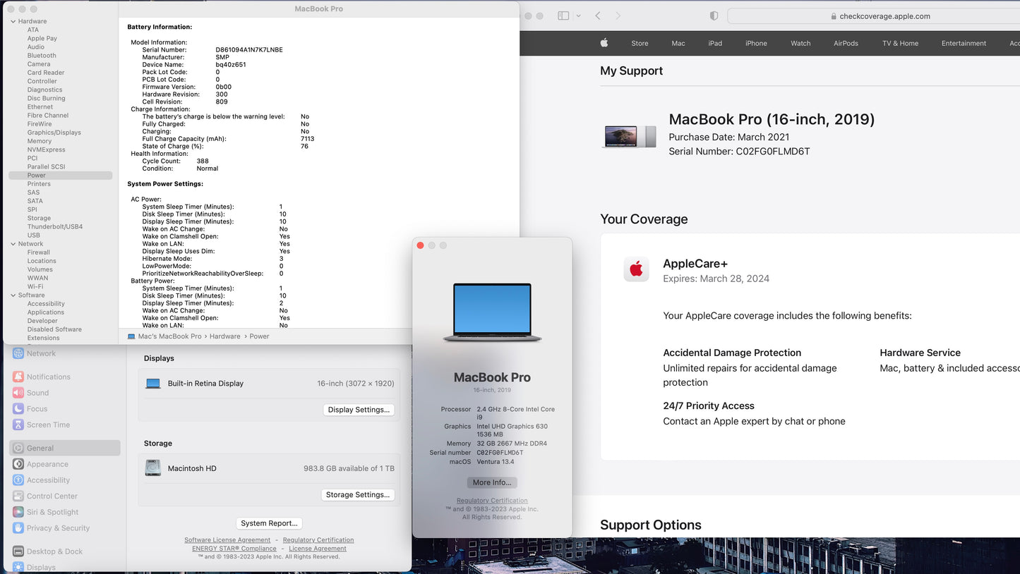 Apple 2019 MacBook Pro 16" 2.4GHz i9 32GB RAM 1TB SSD RP5500M 8GB AC+ - Excellent