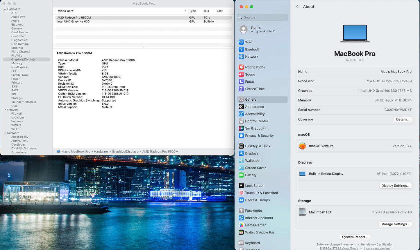 Apple 2019 MacBook Pro 16 in 2.4GHz i9 64GB RAM 2TB SSD RP5500M 8GB - Very Good