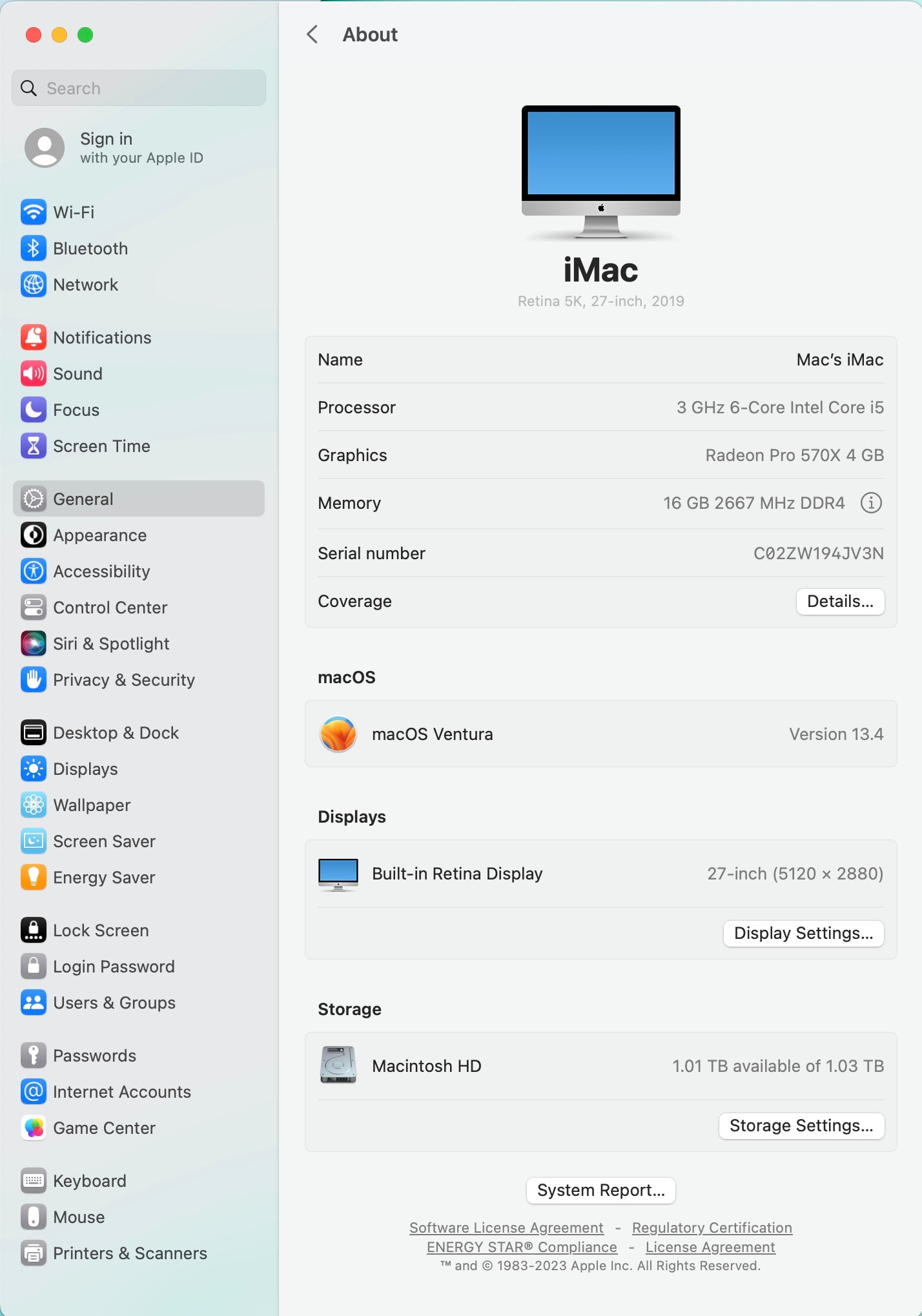 Apple 2019 iMac 27 in 5K 3.0GHz i5 16GB RAM 1TB Fusion RP570X 4GB - Very Good