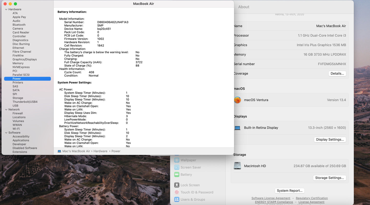 Apple 2020 13in Macbook Air 1.1GHz i3 16GB RAM 256GB SSD IIPG1536 - Good