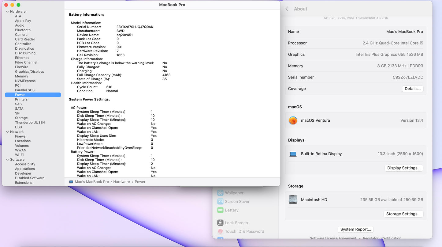 Apple 2019 Macbook Pro 13 in 2.4GHz i5 8GB RAM 256GB SSD IIPG665 - Very Good