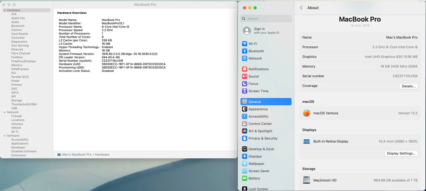 Apple 2019 MacBook Pro 15 in 2.3GHz i9 16GB RAM 1TB SSD RP560X 4GB - Very Good