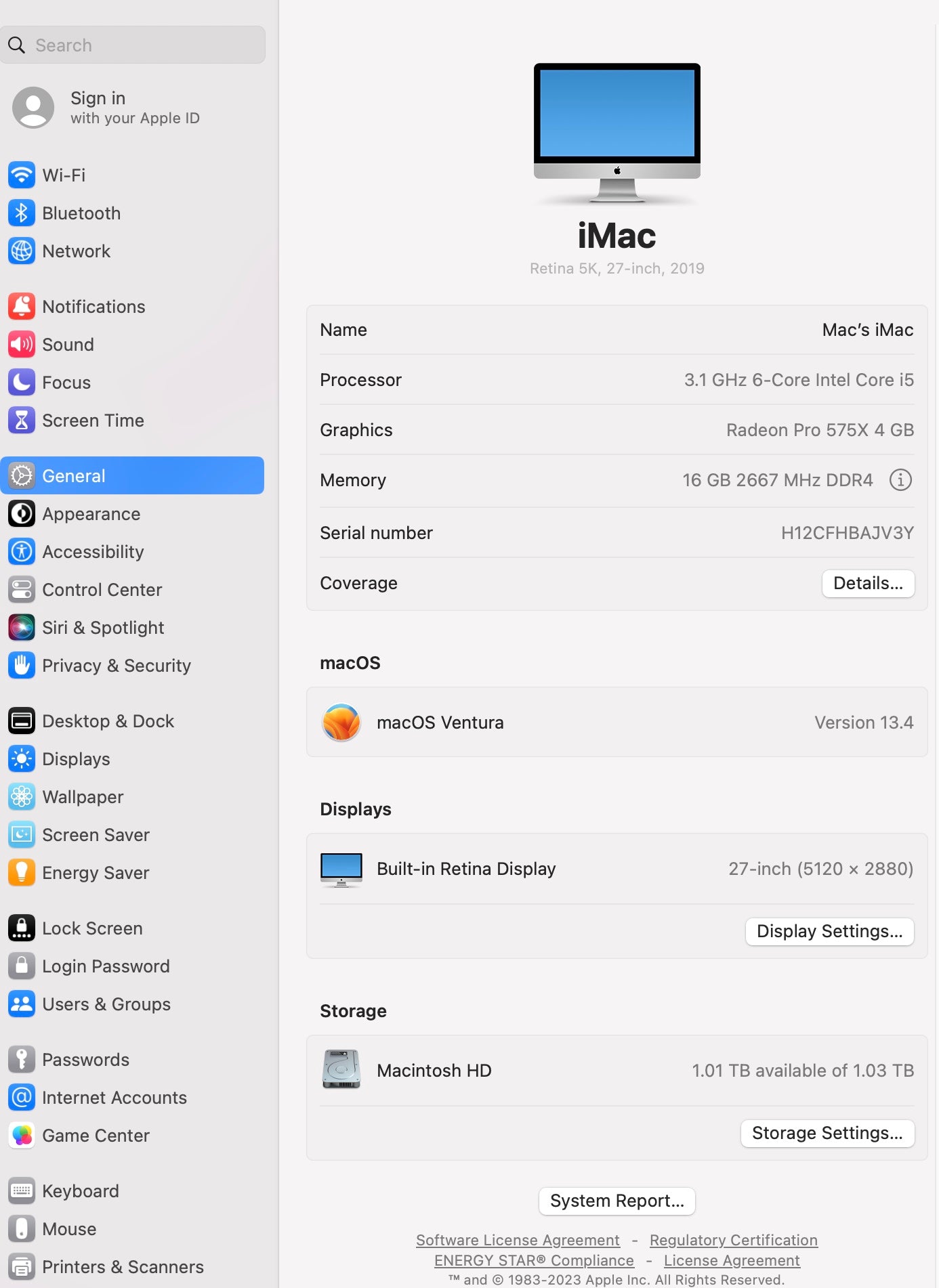 Apple 2019 iMac 27 in 5K 3.1GHz i5 16GB RAM 1TB Fusion RP575X 4GB - Excellent