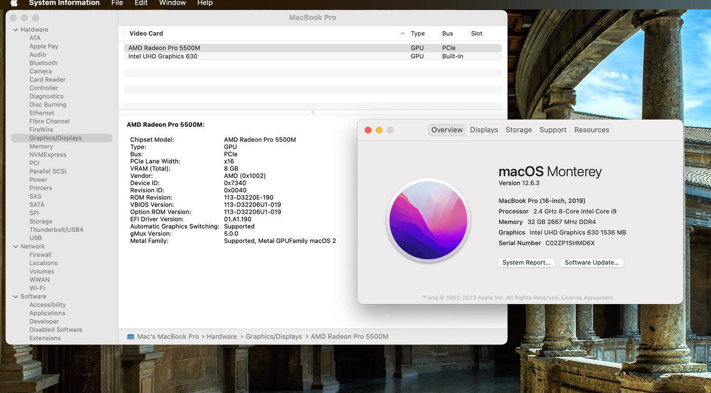 Apple 2019 Macbook Pro 16in 2.4GHz i9 32GB RAM 2TB SSD RP5500M 8GB - Very Good