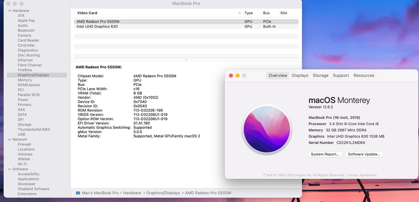 Apple 2019 Macbook Pro 16in 2.4GHz i9 32GB RAM 2TB SSD RP5500M 8GB - Good