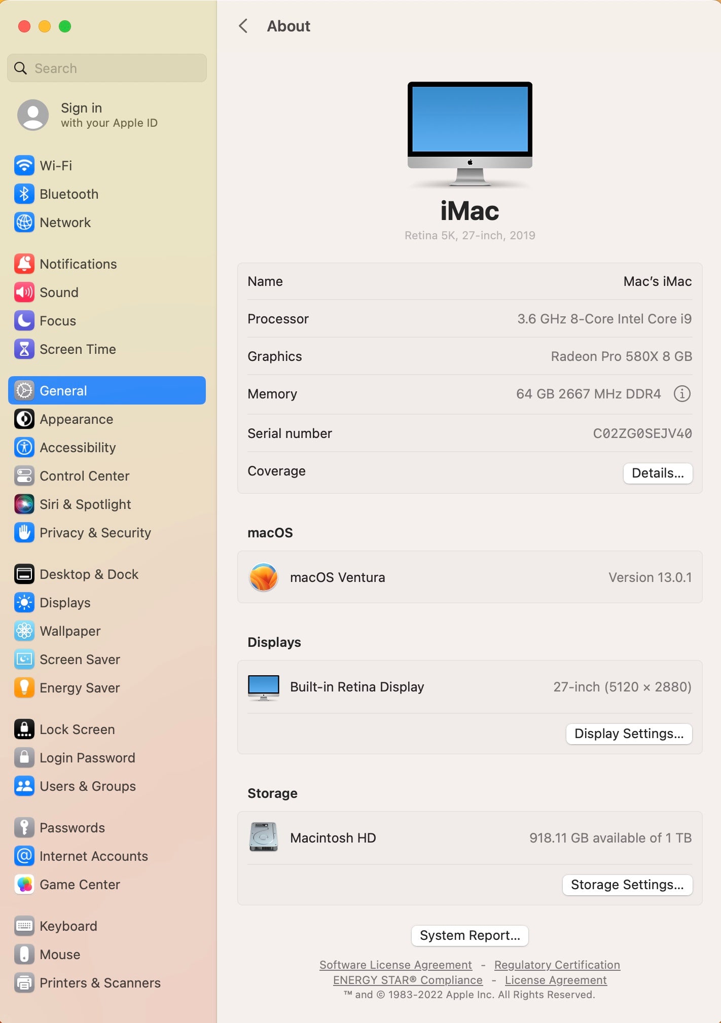 Apple 2019 iMac 27 in 5K 3.6GHz 8-Core i9 64GB RAM 1TB SSD RP580X 8GB - Good