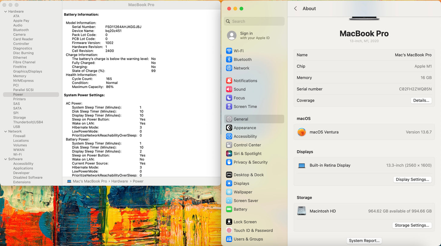 Apple 2020 MacBook pro 13" M1 3.2GHz (8-Core GPU) 16GB RAM 1TB SSD Very good
