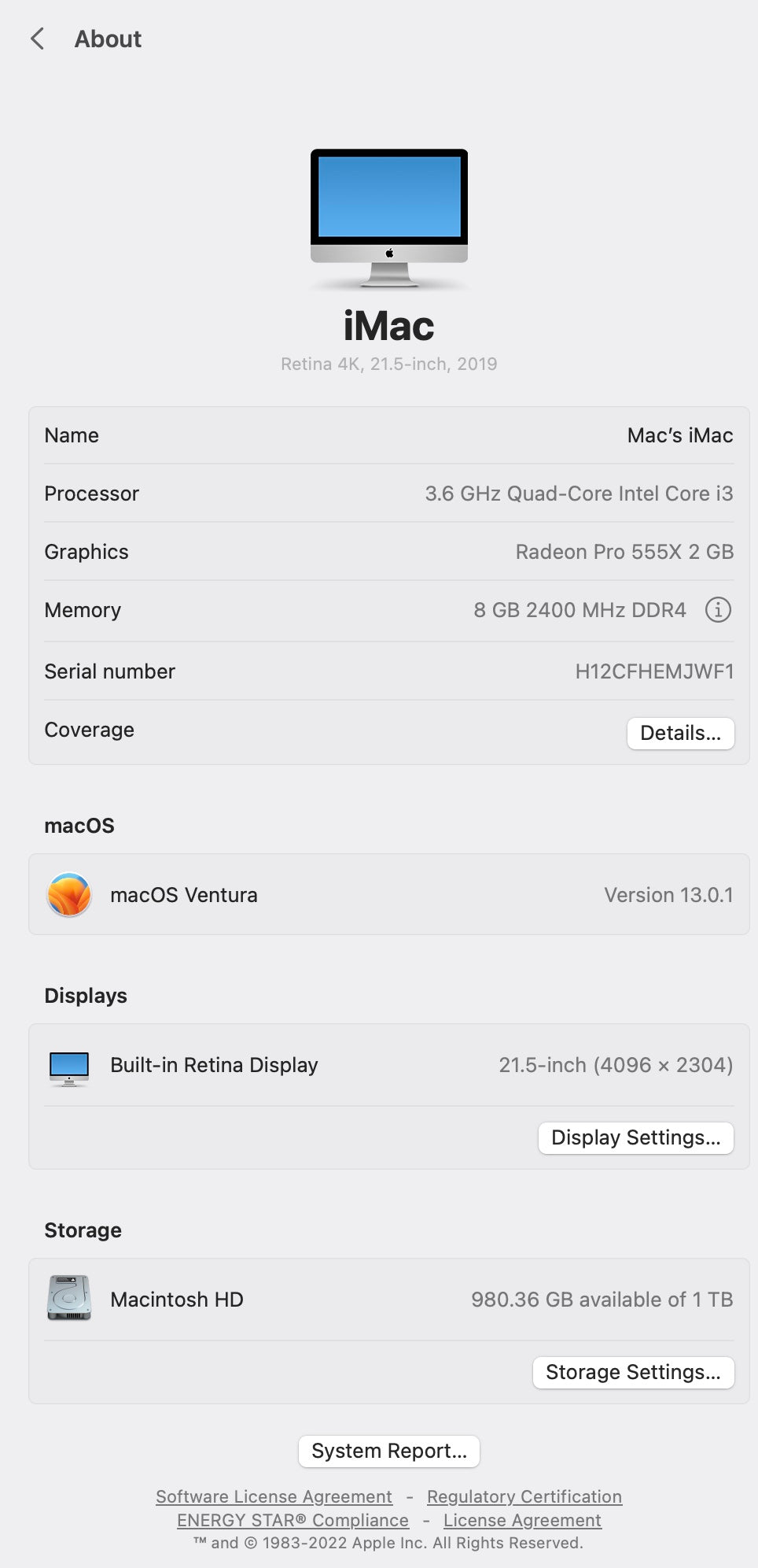 Apple 2019 iMac 21" 4k 3.6GHz i3 8GB RAM 1TB HDD RP555X 2GB - Very good