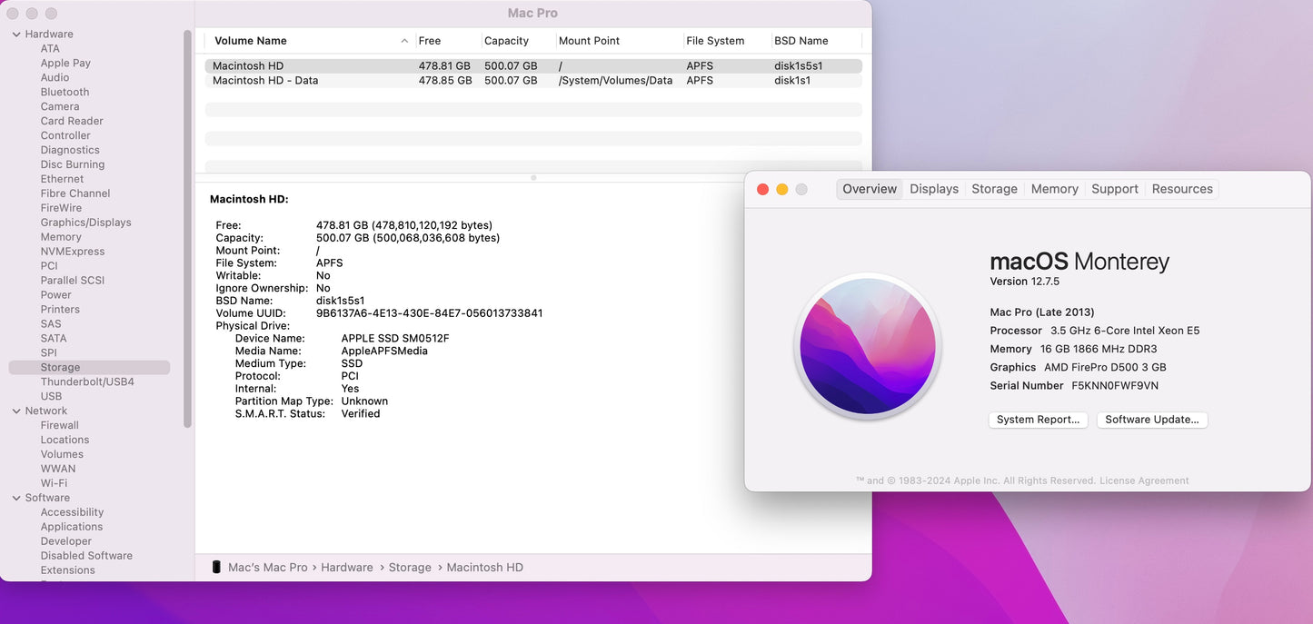 Apple 2013 Mac Pro 3.5GHz 6-Core Xeon 16GB RAM 512GB SSD FP 5500 3GB - Very good